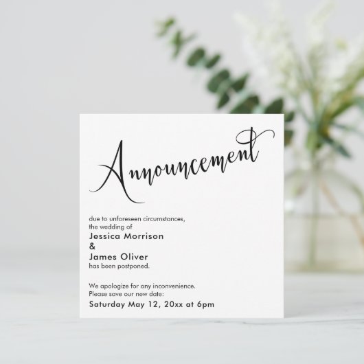 Elegante "Aankondiging" Uitgestelde Trouwkaart Kaart (Staand voorkant)