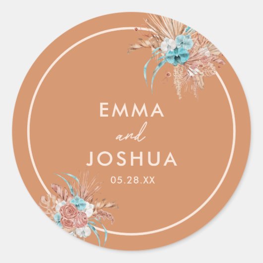 Elegante Aardse Boho Bloemen Huwelijk Ronde Sticker (Voorkant)