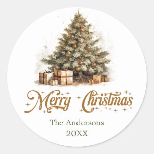 Elegante aardse tinten groen gouden kerstboom ronde sticker