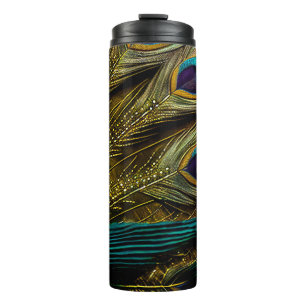 Elegante Abstract Tealblauwe Gouden Pauwveren Thermosbeker