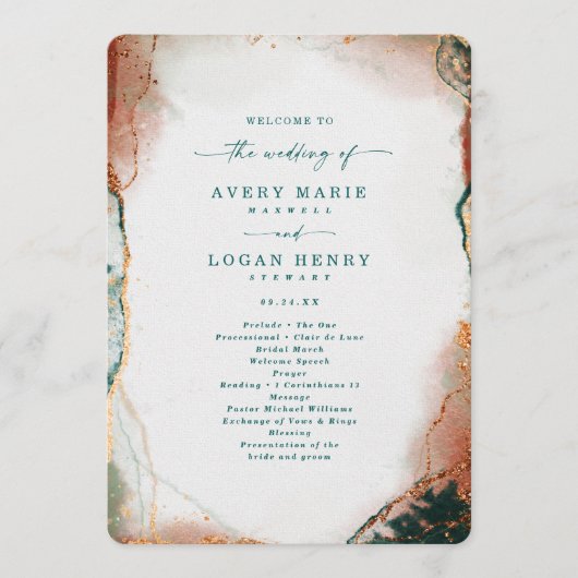 Elegante Abstracte Blauwgroen & Koperhuwelijkscere Programma (Voorkant)