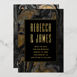 Elegante Abstracte gouden zwart marmeren bruiloft Folie Uitnodiging