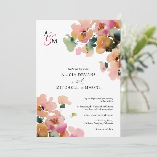 Elegante Abstracte Herfst Bloemen Monogram Huwelij Kaart (Staand voorkant)