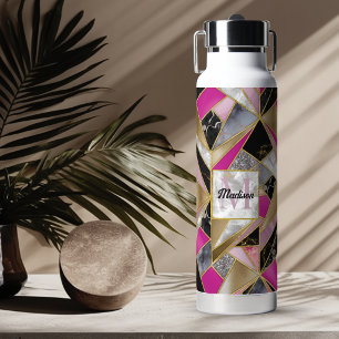 Elegante abstracte roze zwarte geometrische waterfles