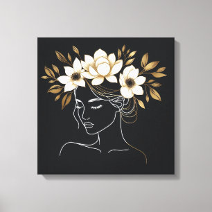 Elegante abstracte vrouwelijke lijnkunst met goude canvas afdruk