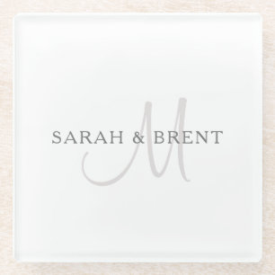 Elegante Achternaam Monogram Wit & Grijs Glazen Onderzetter