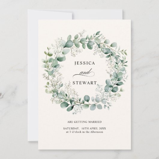 Elegante Adem Eucalyptus Greenery Script Trouwen Kaart (Voorkant)