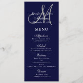 Elegante Affair Marine Blauw Script Monogram Bruil Menu (Voorkant)