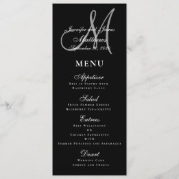 Elegante Affair Zwart Wit Script Monogram Bruiloft Menu