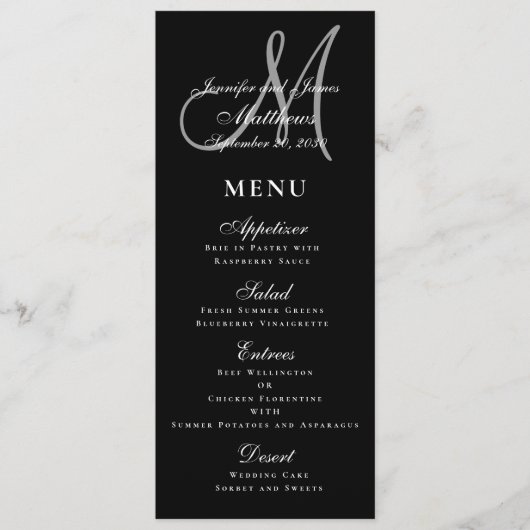 Elegante Affair Zwart Wit Script Monogram Bruiloft Menu (Voorkant)