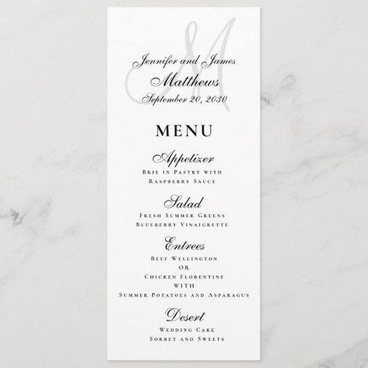 Elegante Affair Zwart Wit Script Monogram Bruiloft Menu (Voorkant)