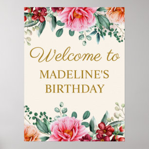 Elégante affiche de bienvenue d'anniversaire fleur