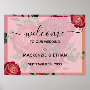 Élégante Affiche de bienvenue Mariage de Roses rou