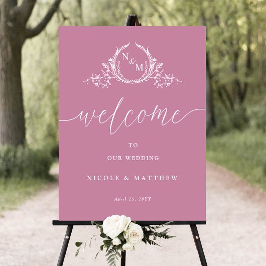 Élégante Affiche de bienvenue Mariage rose monogra