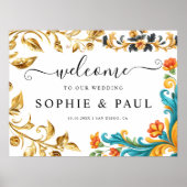 Élégante Affiche de bienvenue Mariage Turquoise or (Devant)