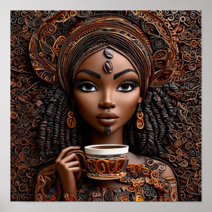 Elegante Afrikaanse vrouw koffie moment levensstij Poster