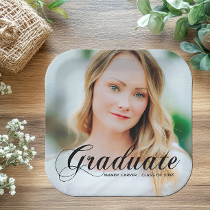 Elegante afstudeerfoto Zwarte Script Overlay Feest Papieren Bordje