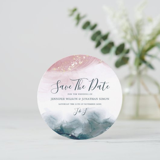 Elegante Alcoholinkt Gouden Blush Blauwe Waterverf Save The Date (Staand voorkant)
