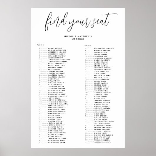 Elegante alfabetische volgorde bruiloft zitgrafiek poster (Voorkant)