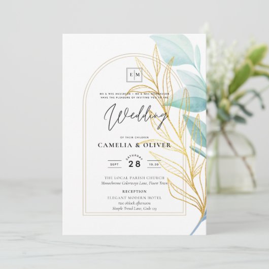 Elegante All-in-1 Zeeglas Teal Goudblad Trouwfeest Kaart (Staand voorkant)