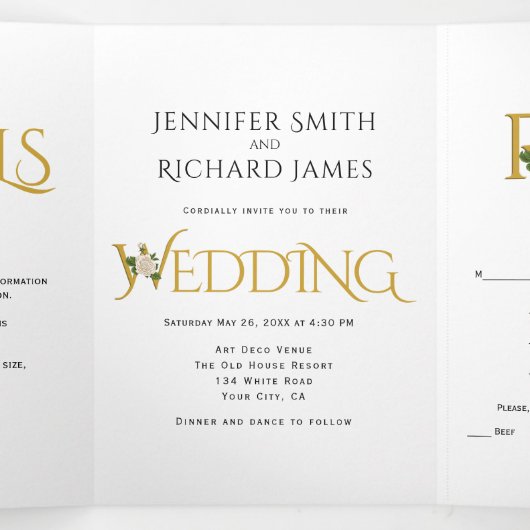 Elegante ampersand met witte roos bruiloft drieluik uitnodiging (Binnenkant midden)