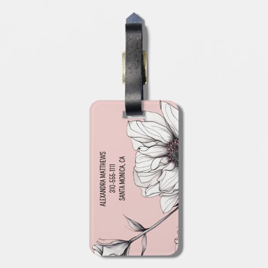 Elegante Anemone Bloemen Custom Naam Roze Bagagelabel (Achterkant verticaal)