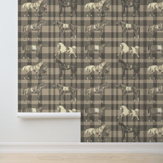 Elegante antieke gezadelde paarden bruin geruit behang