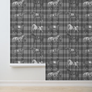 Elegante antieke gezadelde paarden grijs geruit behang