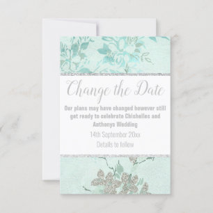 ELEGANTE AQUA BLAUWE BLOEMEN ZILVEREN UITSTELKAART RSVP KAARTJE