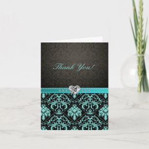 Elegante Aqua Blauwe / Zwarte Damast "Dank je" kaa Bedankkaart