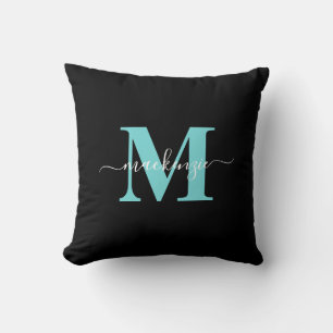Elegante Aqua Blue Black Monogram Naam Kussen