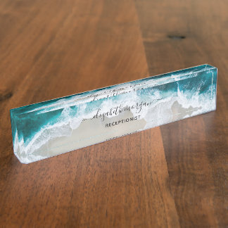 Elegante Aqua Blue Green Beach Script Receptionist Naambordje