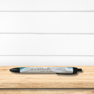 Elegante Aqua Blue Green Beach Waterverf Naam Zwarte Inkt Pen