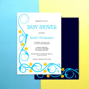 Elegante Aqua Blue Yellow Floral Swirls Baby showe Kaart