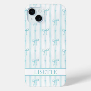 Elegante Aqua Gestreepte Coquette Strikken Monogra iPhone 15 Mini Hoesje