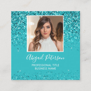 Elegante Aqua Glitter Foto QR Code Vierkante Visitekaartje