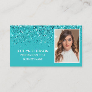Elegante Aqua Glitter Foto QR Code Visitekaartje