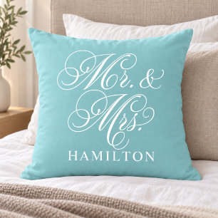 Elegante Aqua Mr en Mrs Scriptie Bruiloft Kussen