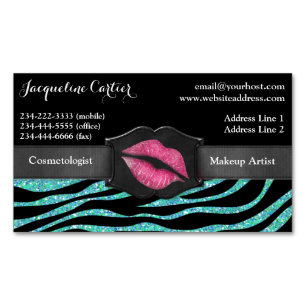 Elegante Aqua Zebra Glitter Kiss Cosmetologist Visitekaartje Magneet