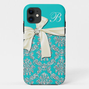 Elegante Aqua Zilveren Damast Diamanten Boog Monog iPhone 11 Hoesje