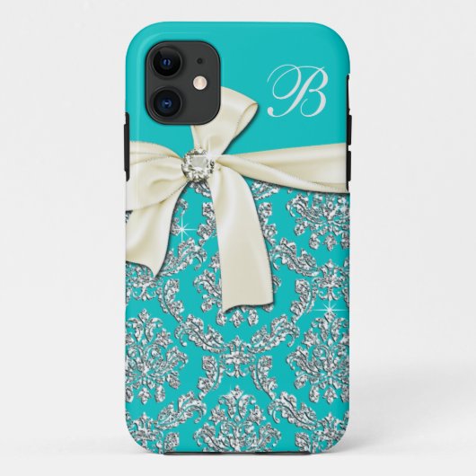 Elegante Aqua Zilveren Damast Diamanten Boog Monog Case-Mate iPhone Case (Achterkant)