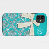 Elegante Aqua Zilveren Damast Diamanten Boog Monog Case-Mate iPhone Case (Achterkant (horizontaal))