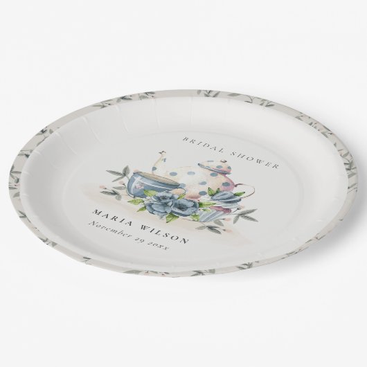 Elegante aquablauwe bloementheetpotkop bruidsshowe papieren bordje (Gekanteld)