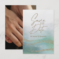 Elegante aquarel aqua oceaaan & goud save the date