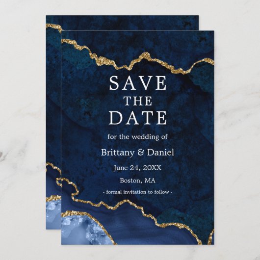 Elegante aquarel blauwe goud marmer agaat geode save the date (Voorkant / Achterkant)