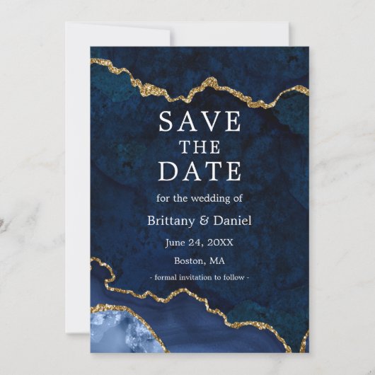 Elegante Aquarel Blauwe Goud Marmer Agate Geode Save The Date (Voorkant)
