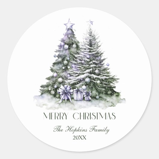 Elegante aquarel kerstboom ronde sticker (Voorkant)