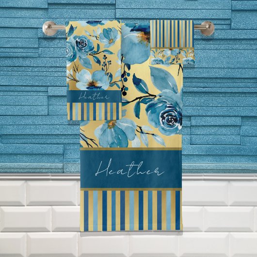 Elégante aquarelle bleu et or Floral strié