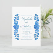 Elégante aquarelle bleu faire-part de mariage flor (Debout devant)