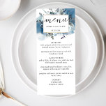 Elégante aquarelle bleue et florale, menu Mariage<br><div class="desc">Dégustez vos invités avec cette carte Menu élégante. Disposez le design avec sur le dessus une couleur d'eau bleue flottante unique tache et floral. Fleurs et feuillage dans les tons bleu roux, bleu marine, blanc, gris et sauge. Ajoutez vos propres informations sur le menu à l'avant et le ou les...</div>